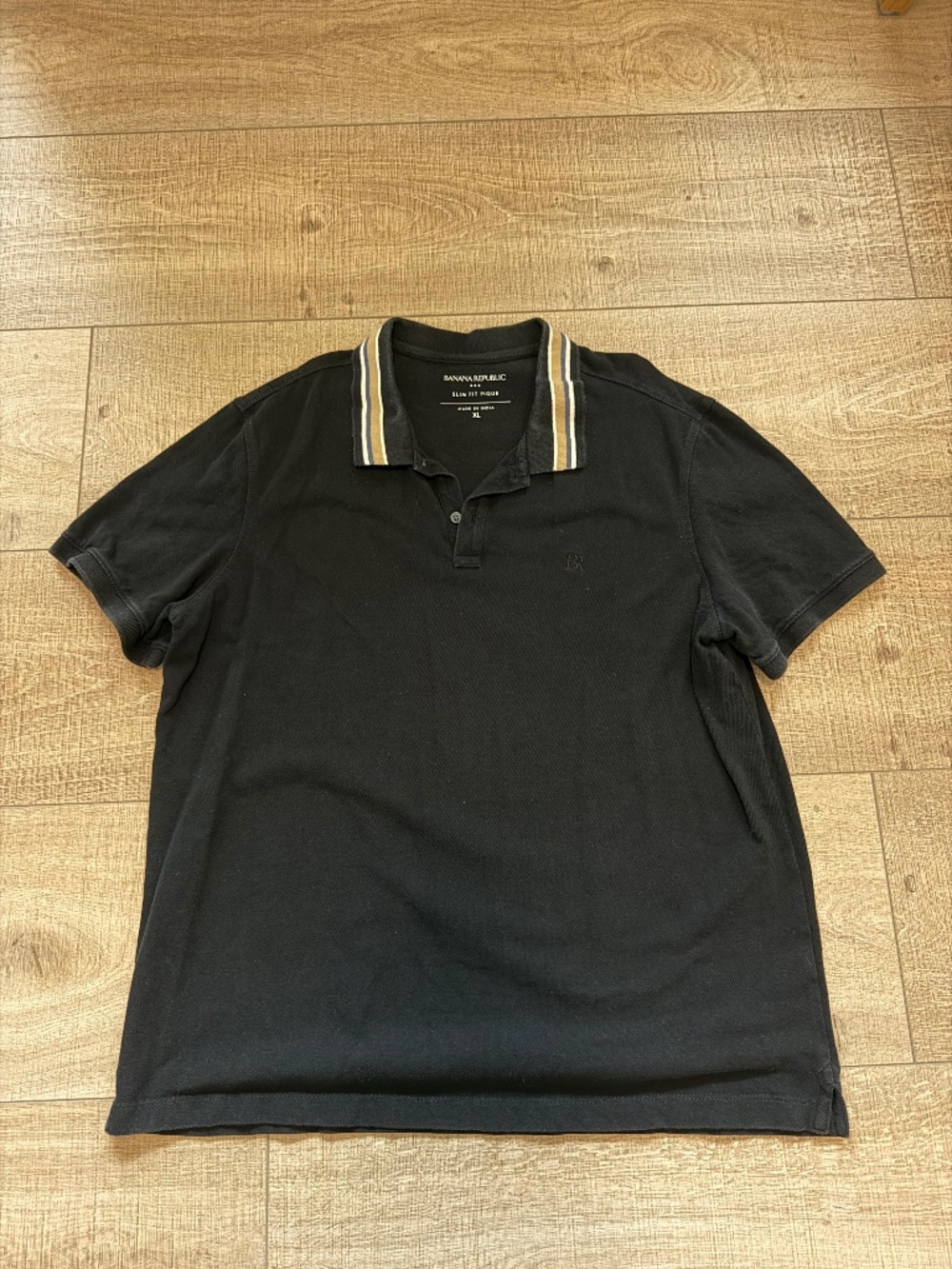 Banana Republic Slim Fit Pique Black Polo Shirt Striped Collar Trim Men's XL